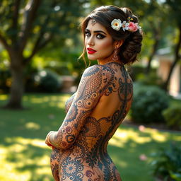 A stunning woman adorned with intricate henna designs covering her full body, showcasing a variety of traditional motifs and patterns