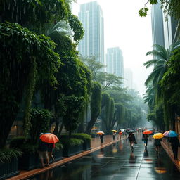 A vibrant rainy forest city scene, featuring lush green trees and skyscrapers intertwined, with raindrops falling on the leaves and streets