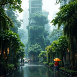 A vibrant rainy forest city scene, featuring lush green trees and skyscrapers intertwined, with raindrops falling on the leaves and streets