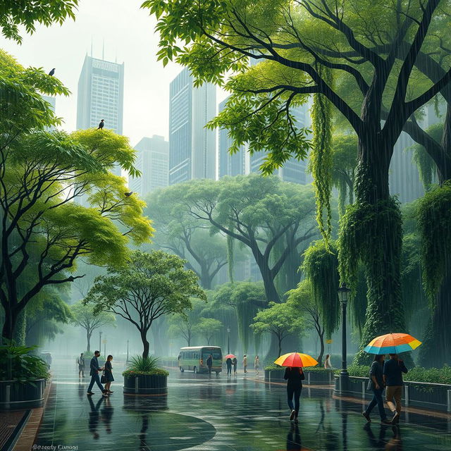 A vibrant rainy forest city scene, featuring lush green trees and skyscrapers intertwined, with raindrops falling on the leaves and streets