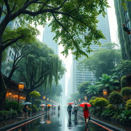 A vibrant rainy forest city scene, featuring lush green trees and skyscrapers intertwined, with raindrops falling on the leaves and streets