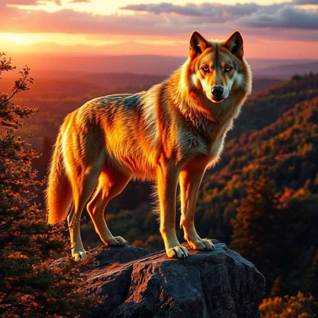 A majestic golden wolf standing atop a rocky cliff, illuminated by the warm glow of a sunset