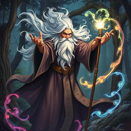 A fantasy wizard casting a powerful spell in a mystical woodland setting