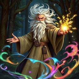 A fantasy wizard casting a powerful spell in a mystical woodland setting