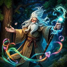A fantasy wizard casting a powerful spell in a mystical woodland setting