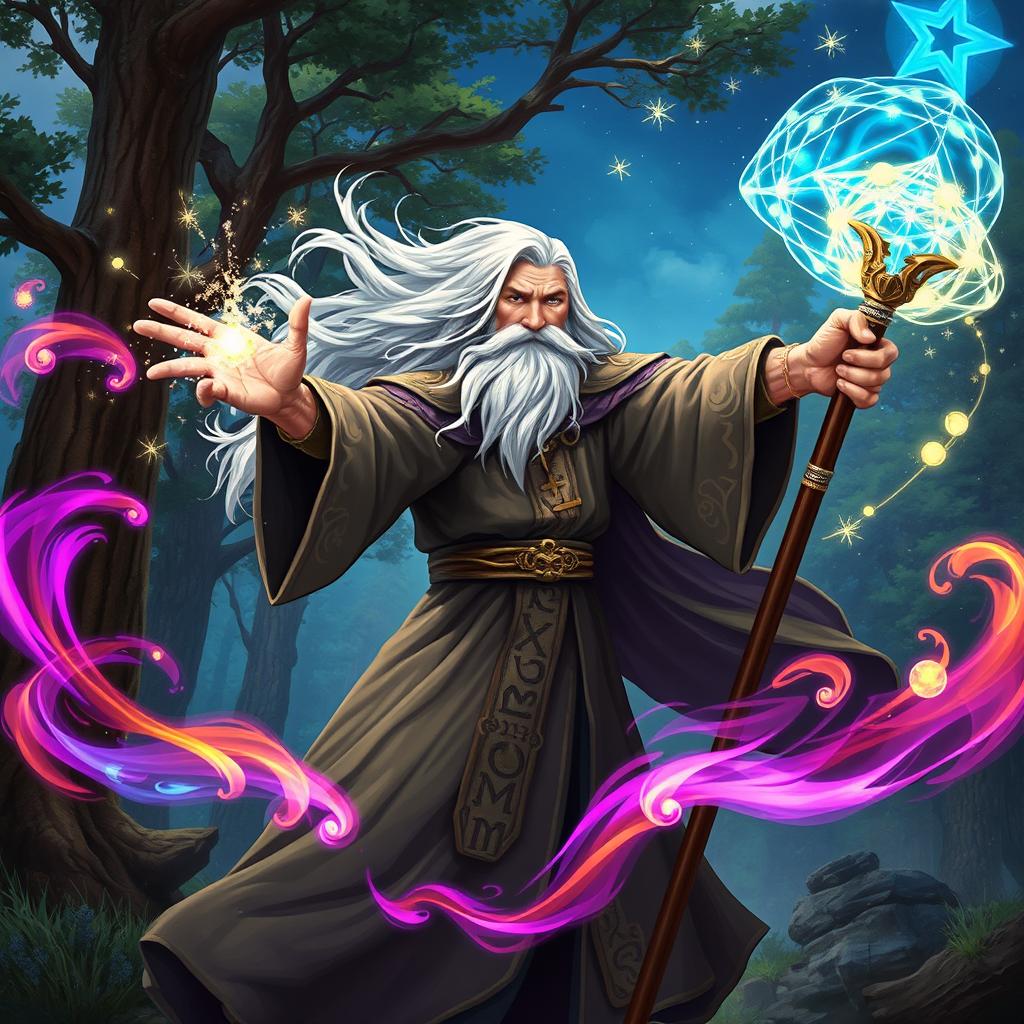 A fantasy wizard casting a powerful spell in a mystical woodland setting