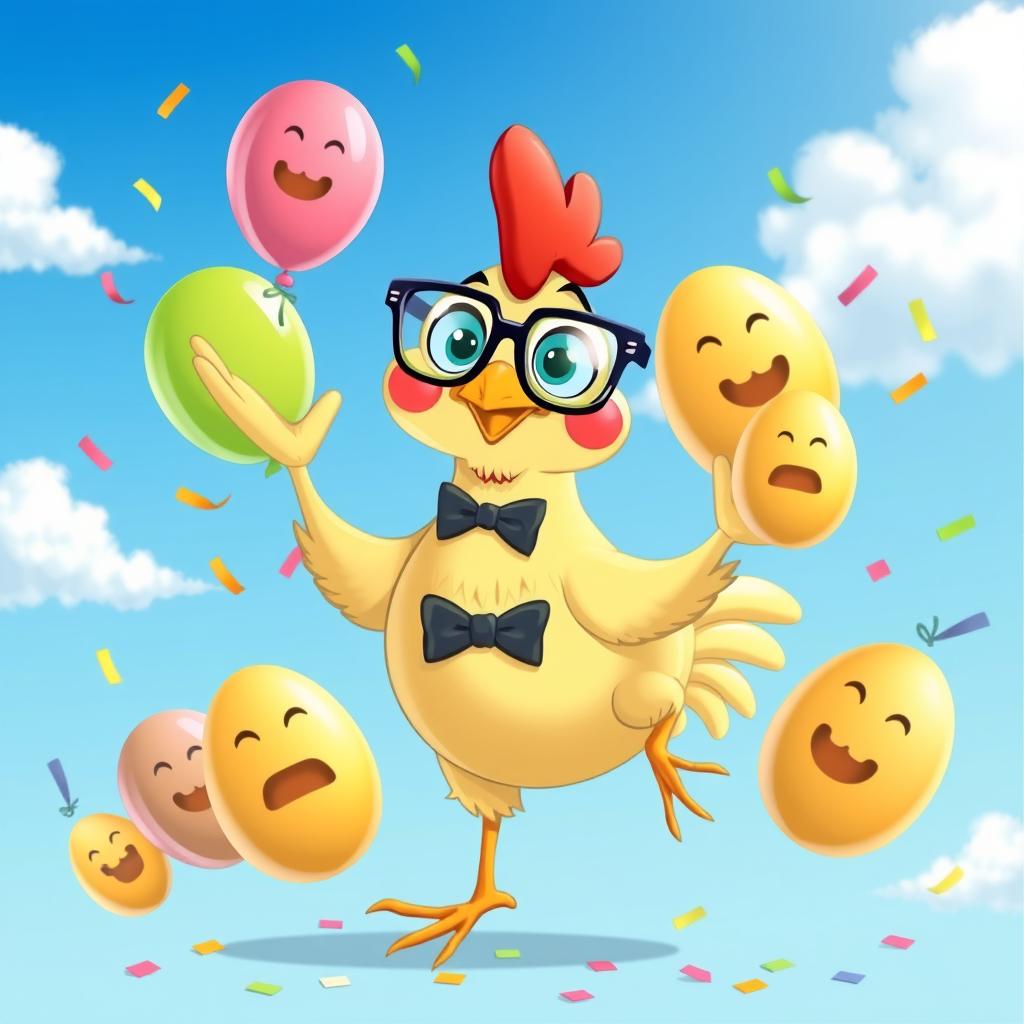 A cartoon chicken with oversized glasses and a goofy smile, standing on one leg while juggling colorful eggs