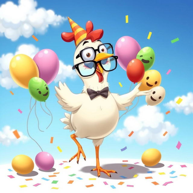 A cartoon chicken with oversized glasses and a goofy smile, standing on one leg while juggling colorful eggs