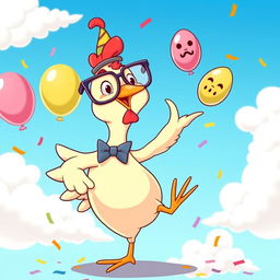 A cartoon chicken with oversized glasses and a goofy smile, standing on one leg while juggling colorful eggs