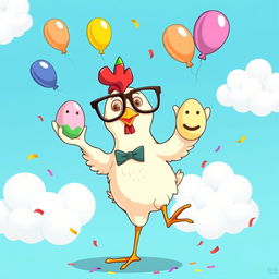A cartoon chicken with oversized glasses and a goofy smile, standing on one leg while juggling colorful eggs