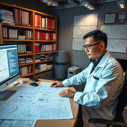 A professional electrical engineer working in a modern office, showcasing advanced technology and electrical schematics spread out on a large desk