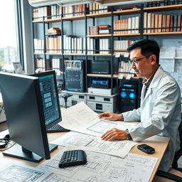 A professional electrical engineer working in a modern office, showcasing advanced technology and electrical schematics spread out on a large desk