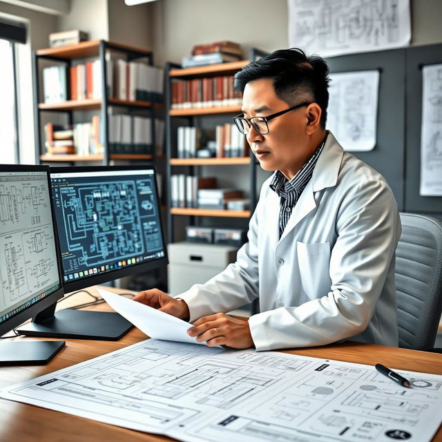 A professional electrical engineer working in a modern office, showcasing advanced technology and electrical schematics spread out on a large desk