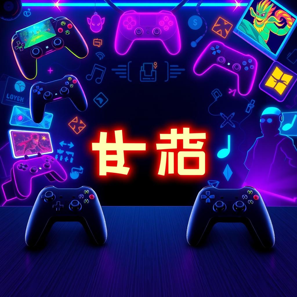 A vibrant and eye-catching gaming-themed background for a YouTube channel, featuring dynamic gaming visuals such as colorful controllers, flashy game graphics, and character silhouettes