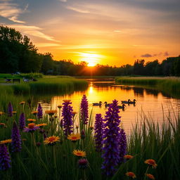 A serene landscape featuring a vibrant sunset casting golden and orange hues across the sky, reflecting off a calm lake surrounded by lush greenery