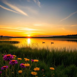 A serene landscape featuring a vibrant sunset casting golden and orange hues across the sky, reflecting off a calm lake surrounded by lush greenery