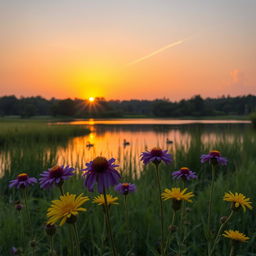 A serene landscape featuring a vibrant sunset casting golden and orange hues across the sky, reflecting off a calm lake surrounded by lush greenery