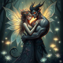 A whimsical and enchanting scene depicting an ethereal fairy and a brooding demon entwined in a romantic embrace