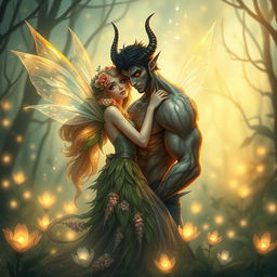 A whimsical and enchanting scene depicting an ethereal fairy and a brooding demon entwined in a romantic embrace