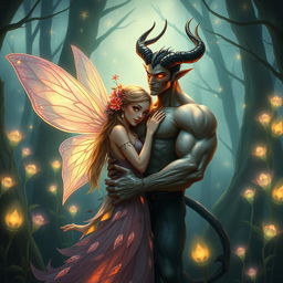 A whimsical and enchanting scene depicting an ethereal fairy and a brooding demon entwined in a romantic embrace
