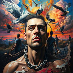An avant-garde painting depicting a complex portrayal of a man embodying the themes of freedom and the darker aspects of human nature