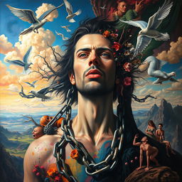 An avant-garde painting depicting a complex portrayal of a man embodying the themes of freedom and the darker aspects of human nature