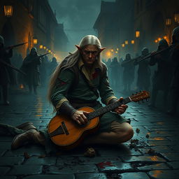 An elven bard with long, flowing hair falls to his knees in the middle of a dimly lit, chaotic medieval street