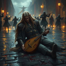 An elven bard with long, flowing hair falls to his knees in the middle of a dimly lit, chaotic medieval street
