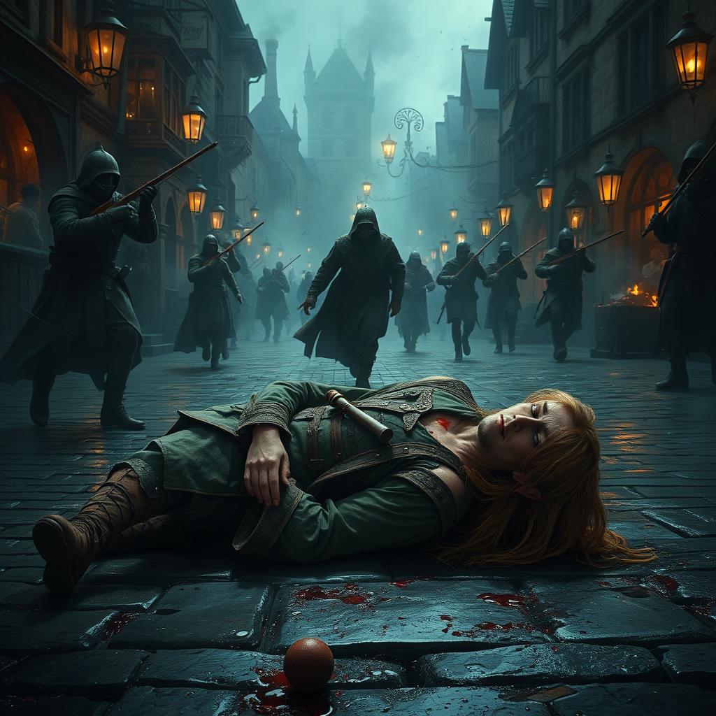 An elven bard with long, flowing hair falls to his knees in the middle of a dimly lit, chaotic medieval street