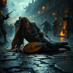 An elven bard with long, flowing hair falls to his knees in the middle of a dimly lit, chaotic medieval street