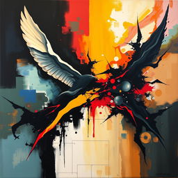 An abstract painting exploring the duality of freedom and the darker side of human nature, represented without using images of people