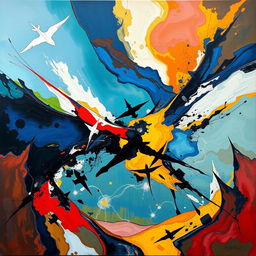 An abstract painting exploring the duality of freedom and the darker side of human nature, represented without using images of people