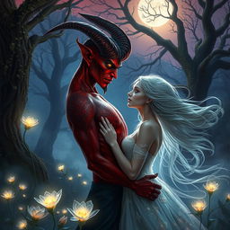A captivating scene depicting an enchanting romance between a demon and a human in a mystical forest at twilight