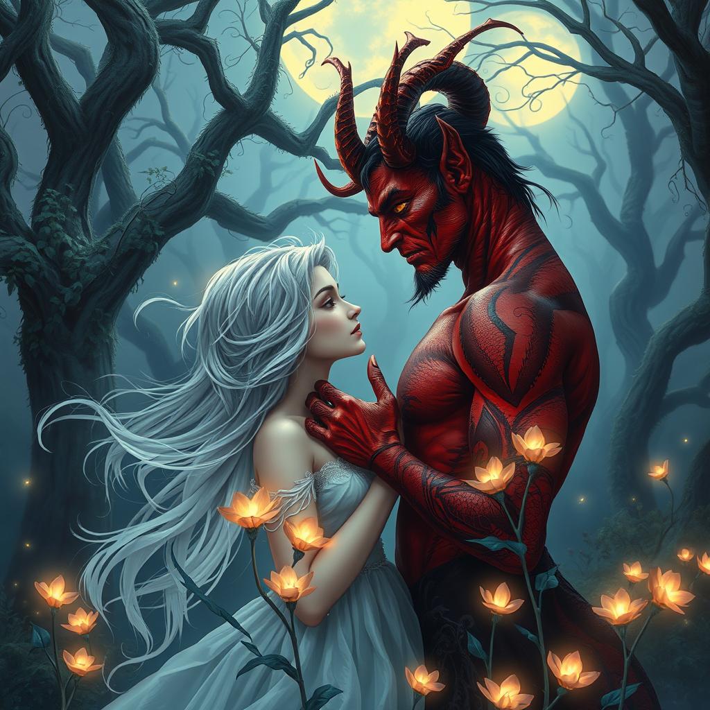 A captivating scene depicting an enchanting romance between a demon and a human in a mystical forest at twilight