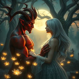 A captivating scene depicting an enchanting romance between a demon and a human in a mystical forest at twilight