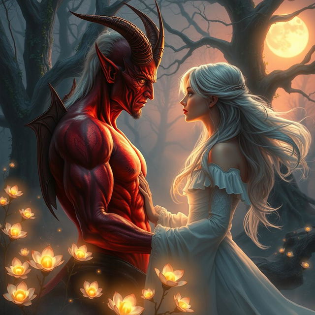 A captivating scene depicting an enchanting romance between a demon and a human in a mystical forest at twilight