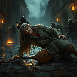 An elven bard with long, flowing hair falls to his knees in a dimly lit, chaotic medieval town street