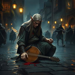 An elven bard with long, flowing hair falls to his knees in a dimly lit, chaotic medieval town street