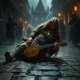 An elven bard with long, flowing hair falls to his knees in a dimly lit, chaotic medieval town street