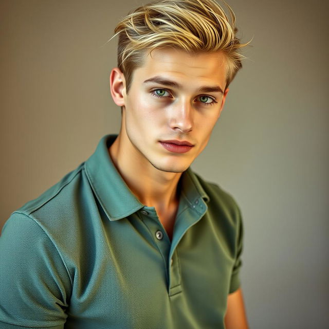 A 21-year-old slim male with striking green eyes and tousled blond hair