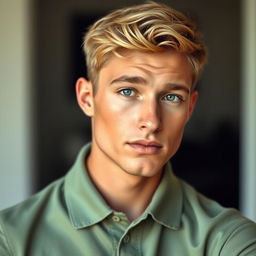 A 21-year-old slim male with striking green eyes and tousled blond hair