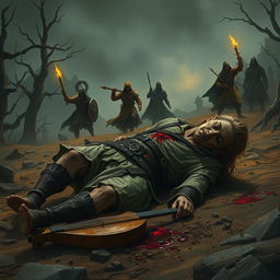 An elven bard collapsing to the ground on the outskirts of a small, grim trading post