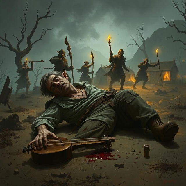 An elven bard collapsing to the ground on the outskirts of a small, grim trading post
