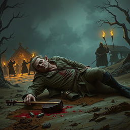 An elven bard collapsing to the ground on the outskirts of a small, grim trading post