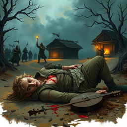 An elven bard collapsing to the ground on the outskirts of a small, grim trading post