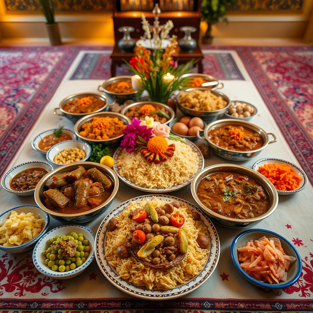 A beautifully arranged Persian feast featuring various types of خورشت (stews) including بدمجان (eggplant stew) and قیمه (lamb and split pea stew), served with fluffy saffron rice