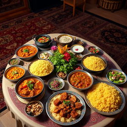 A beautifully arranged Persian feast featuring various types of خورشت (stews) including بدمجان (eggplant stew) and قیمه (lamb and split pea stew), served with fluffy saffron rice
