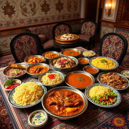 A beautifully arranged Persian feast featuring various types of خورشت (stews) including بدمجان (eggplant stew) and قیمه (lamb and split pea stew), served with fluffy saffron rice