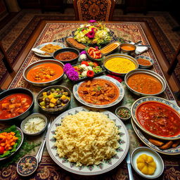 A beautifully arranged Persian feast featuring various types of خورشت (stews) including بدمجان (eggplant stew) and قیمه (lamb and split pea stew), served with fluffy saffron rice
