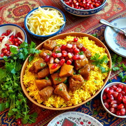 A traditional Persian dish, known as "خورشت" (Khoresh), beautifully presented on a vibrant Persian table
